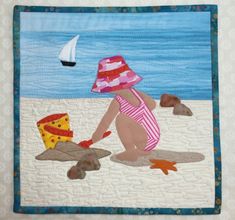 Beach Babies 1 Quilt Block Pattern | Etsy Quilted Pictures, Beach Themed Quilts, Beach Babies, Mini Patchwork, Applique Wall Hanging, Nautical Quilt, Appliqué Quilts, Mug Rug Patterns