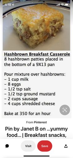 the menu for hashbrown breakfast casserole