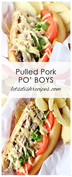 pulled pork po'boys with ranch dressing and french fries on the side in paper wrappers