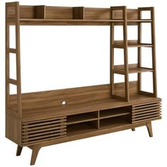 a wooden shelf with shelves and drawers on it's sides, against a white background