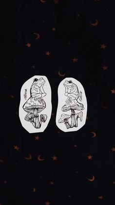 two stickers with images of people sitting on top of mushrooms in the night sky