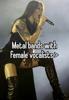 a woman in black dress holding a microphone with the words metal bands with female vocalists