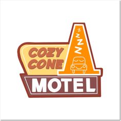 the logo for cozy cone motel, which is located in front of an orange traffic cone