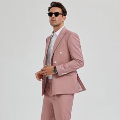 Elevate Your Formalwear With The Tazio Pinstriped 2-Piece Suit Set, A True Masterpiece Of Contemporary Elegance. This Meticulously Tailored Ensemble Seamlessly Marries Classic Charm With Modern Sophistication, Ensuring You Radiate Confidence At Every Upscale Event. The Double-Breasted Jacket With Its Peak Lapel, Skinny Fit, And Discreet Yet Essential Features Like Underarm Sweat Guards And Ample Storage Is Designed To Enhance Your Style And Comfort. The Accompanying Pinstriped Pants, With Their Rose Pink Suit Men, Fitted Double Breasted Suit With Suit Collar For Spring, Striped Notch Lapel Business Sets, Business Striped Notch Lapel Sets, Fitted Pinstripe Elegant Set, Fitted Striped Double Breasted Suit With Suit Collar, Fitted Striped Double Breasted Suit For Semi-formal Occasions, Semi-formal Striped Double Breasted Suit, Fitted Striped Double Breasted Suit