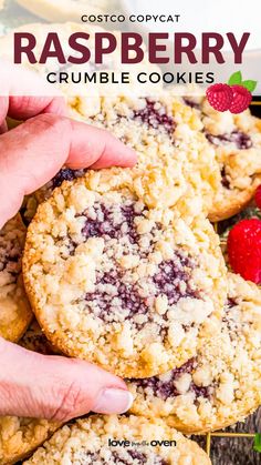 raspberry crumble cookies are stacked on top of each other