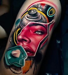 a woman's leg with a tattoo on it and an object in the shape of a head