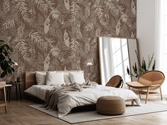 Breezy Wooden Bed Frame With Beige Bedding & Large Mirror On The Floor As Well As Plants Tranquil Wallpaper, Brown Backdrop, Kids Bedroom Wallpaper, Wallpaper Leaf, Dining Room Wallpaper, Wallpaper Textured, Leaf Silhouette, Classic Wallpaper, Stripes Wallpaper