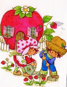 a drawing of two children in front of a strawberry house with a straw hat on