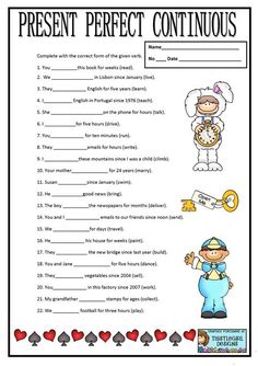 a printable worksheet for present perfect continuous past tense with an image of a monkey holding a clock