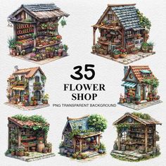 the different types of flower shops are shown in this image, and there is also a watercolor drawing