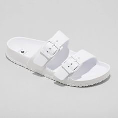 Update your summer wardrobe with the cool and casual look of these comfy Neida EVA Two-Band Slide Sandals from Shade & Shore™. These simple yet stylish slip-on sandals feature 100% plastic construction for a squishy feel underfoot and a surface that easily wipes clean. Great for wearing in your garden, on your deck or even to the pool, these open-toe sandals feature a double band on top with two buckles, all in a single color for a chic twist on a classic design. Plastic Heels, Shades For Women, Plastic Shoes, Rubber Sandals, Footbed Sandals, Sport Sandals, Designer Sandals, Open Toe Sandals, Girls Wear