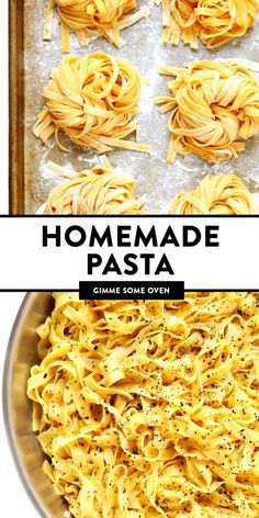 homemade pasta in a pan with text overlay that reads homemade pasta gimme some oven