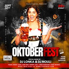 an advertisement for oktober fest with a woman holding a beer in her hand