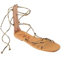 *Nbw *Nwt Chic Brown Lace-up Beach Sandals, Chic Brown Lace-up Sandals For Beach, Beige Open Heel Lace-up Beach Sandals, Beige Open Heel Lace-up Sandals For Beach, Zara Gold Sandals For Beach, Zara Strappy Sandals For Summer, Zara Strappy Sandals For Beach, Zara Beige Sandals For Vacation, Zara Ankle Strap Sandals For Beach