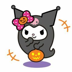 a black cat with a pink bow holding a pumpkin