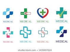 medical logos and symbols are arranged in the shape of heart, cross, arrow, hospital symbol