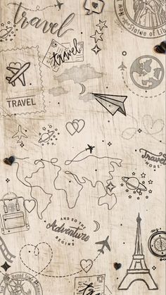 the back side of a piece of paper with various travel related items and symbols on it