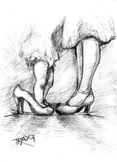 a drawing of two legs and high heels on the ground with their feet touching each other