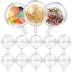 six round lollipops with different candies in them