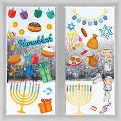 two hanukkah banners with menorah, donuts, and gifts