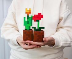 a person holding two lego plants in their hands