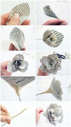 the steps to make an origami flower out of old book pages are shown