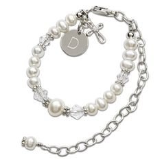 "Sterling silver keepsake baptism gift \"Baptism to Bride\" bracelet set. This special keepsake will be a treasure that can be cherished again when she has her first communion and again when she becomes a bride. This is designed with .925 sterling silver, high-quality freshwater pearls, high-end crystals, and is hand-beaded here in the USA. This comes with a sweet poem and includes a place to write her name and special dates along with a special gift box to tuck it away for that special day. Thi Classic White Charm Bracelet As Gift, Classic White Charm Bracelet Gift, Classic Adjustable Jewelry For First Communion, Classic Silver Rosary Bracelet As Gift, Engraved Silver Rosary Bracelet As Gift, Elegant Round Jewelry For Baptism, Silver Hypoallergenic Jewelry For Keepsake, Hypoallergenic Silver Jewelry For Keepsake, Sterling Silver White Charm Bracelet For Birthday