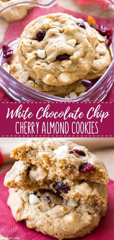 white chocolate chip cherry almond cookies are stacked on top of each other in a glass bowl