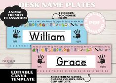 two name plates with hand prints on them, one is blue and the other is pink