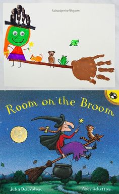 two children's books about brooms and witches, each with their own handprint