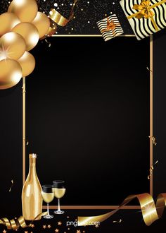 a black and gold party background with balloons, confetti, streamers and champagne