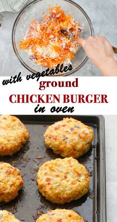 chicken burgers with vegetables and grated cheese on top in a baking pan, before and after being cooked