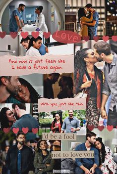 the collage has many different pictures and words on it, including two people kissing