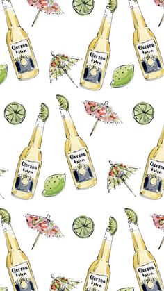 a watercolor drawing of several bottles of beer and limes on a white background