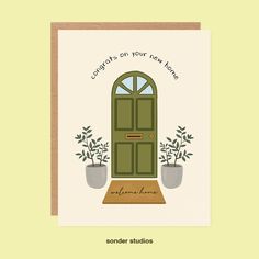 a card with a green door and two potted plants in front of it that says congrats on your new home