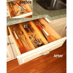 an open drawer with utensils in it and the bottom drawer opened to show what's inside