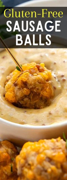 a close up of a plate of food with cheese balls and sauce in the background