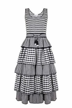 One of Hunter’s personal favorites for Spring, the Andrea dress is meticulously designed and flawlessly executed. Featuring a scoop neck and smocked elastic bodice, the fitted waist is accentuated by a detachable tassel belt. The tiered ruffle skirt is designed with alternating scale black and white check gingham. • Scoop neckline• Sleeveless• Smocked elastic bodice• Fitted waist with separate tassel belt• Tiered ruffle skirt• Invisible side zipper with hook & eye closure Fit details:• 51” from Hunter Bell, Tassel Belt, Hunter S, Rebecca Vallance, Tiered Ruffle Skirt, Gingham Dress, Ruffle Skirt, Knit Jacket, All About Fashion