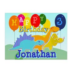 a birthday card with balloons, dinosaurs and the words happy 3rd birthday jonathan on it