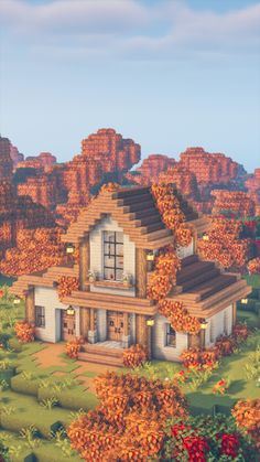 Cute Mc House Ideas, Wood House In Minecraft, Cute Fall Minecraft Houses, Minecraft Barndominium, Thing To Make In Minecraft, Cute House For Minecraft, Dark Oak Minecraft House Aesthetic, Lodestone Minecraft, Minecraft Woods House