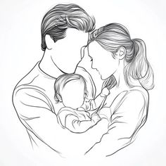 a black and white drawing of a man holding a baby with his arms around the woman's head