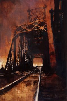 an oil painting of train tracks going over a bridge