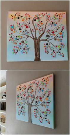 two pictures of the same tree with different colors and shapes on it, one is painted in