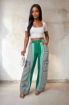 Green Patchwork Striped Denim Cargo Pants S / Green Denim Cargo Jeans, Unique Outfit Ideas, Striped Denim, Denim Cargo Pants, Denim Cargo, Unique Outfit, Utility Pockets, Denim Maxi Skirt, Denim Romper