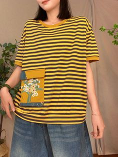 Women Casual Summer Stripe Patch Pocket Shirt Casual Yellow Tops With Pockets, Casual Yellow Top With Pockets, Casual Striped Tops With Pockets, Yellow Tops With Pockets And Relaxed Fit, Spring Crew Neck Shirt With Pockets, Yellow Cotton Crew Neck Blouse, Spring Yellow Tops With Pockets, Striped Tops With Pockets For Spring, Spring Yellow Shirt With Pockets