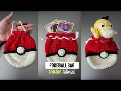 crocheted pokemon pokeball bag is shown in three different pictures