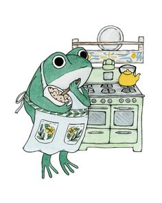 a frog that is standing in front of an oven with food on it's plate