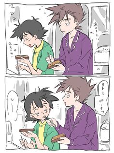 two comics with one boy eating food and the other is looking at his cell phone