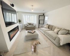 a dog standing in the middle of a living room with couches and a fireplace