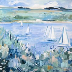 an oil painting of sailboats on the water